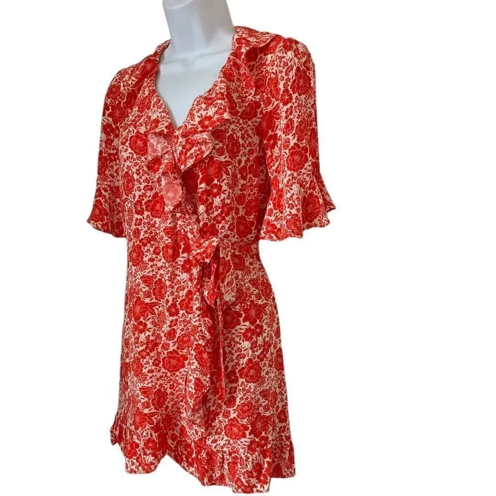 Topshop Wrap Mini Tea Red Floral Wrap Ruffle Romantic Flirty Dress sz 4P